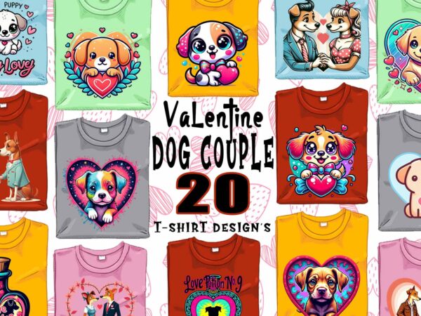 20 popular valentines day dog couple in love t-shirt design bundle