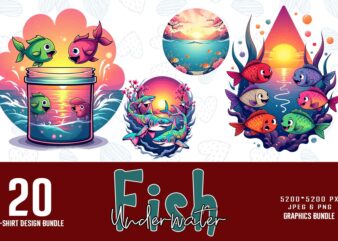 20 Trendy Underwater Sea Life and Cute Fish t-shirt design bundle