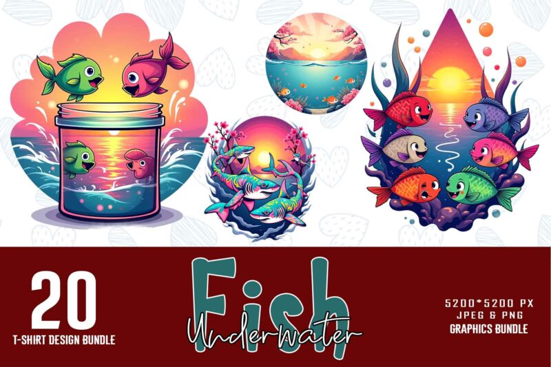 20 Trendy Underwater Sea Life and Cute Fish t-shirt design bundle