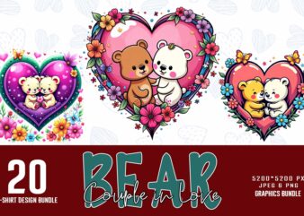 Trendy Valentines Day Bear in Love t-shirt design bundle of 20 png & jpeg designs