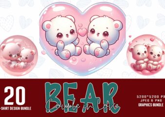 Colourful Valentines Day Bear in Love t-shirt design bundle of 20 designs – download instantly for Print on Demand Business