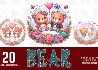 Funny Valentines Day Cute Bear in Love t-shirt design bundle of 20 designs – download instantly Retro Vintage Illustration T-shirt Bundle