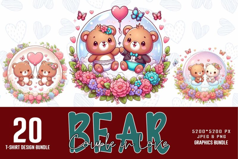 Funny Valentines Day Cute Bear in Love t-shirt design bundle of 20 designs – download instantly Retro Vintage Illustration T-shirt Bundle