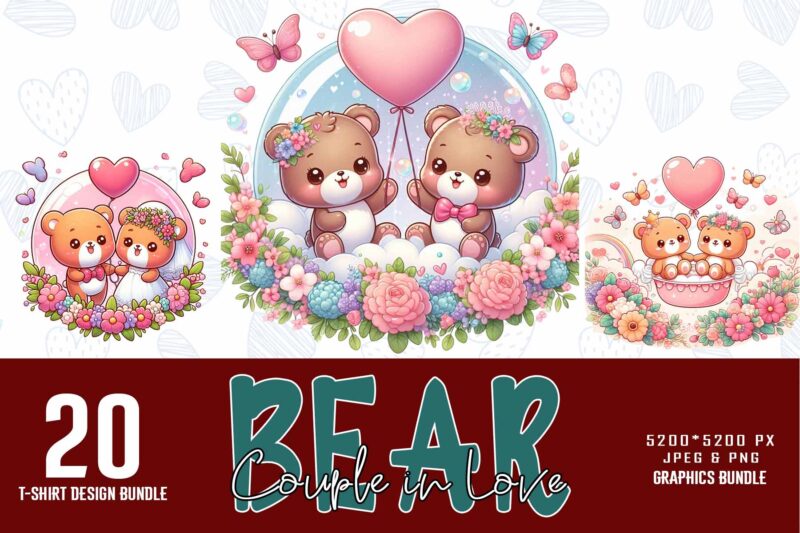 Popular Valentines Day Baby Bear in Love t-shirt design bundle of 20 designs – download instantly T-Shirt Design Bundle