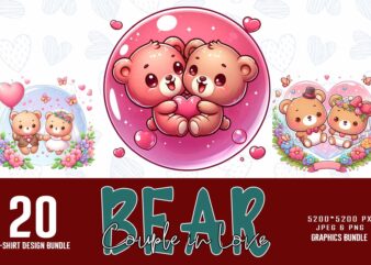 Trendy Valentines Day Bear in Love t-shirt design bundle of 20 png & jpeg designs – download instantly Retro Vintage T-shirt Design Bundle