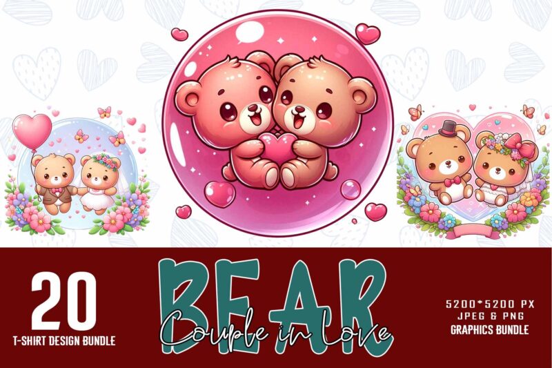 Trendy Valentines Day Bear in Love t-shirt design bundle of 20 png & jpeg designs – download instantly Retro Vintage T-shirt Design Bundle