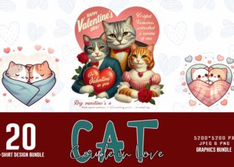 Popular Valentines Day Baby Cat in Love t-shirt design bundle of 20 designs – download instantly