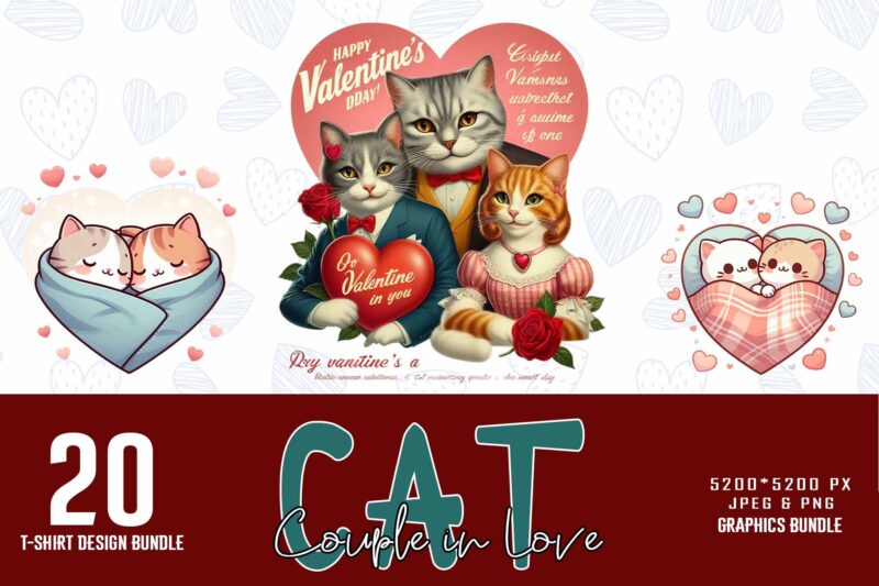 Popular Valentines Day Baby Cat in Love t-shirt design bundle of 20 designs – download instantly