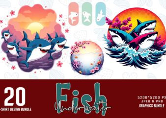 Trendy Underwater Sea Life and Cute Fish t-shirt design bundle of 20 png & jpeg designs – download instantly Retro Vintage T-shirt Design