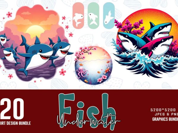 Trendy underwater sea life and cute fish t-shirt design bundle of 20 png & jpeg designs – download instantly retro vintage t-shirt design