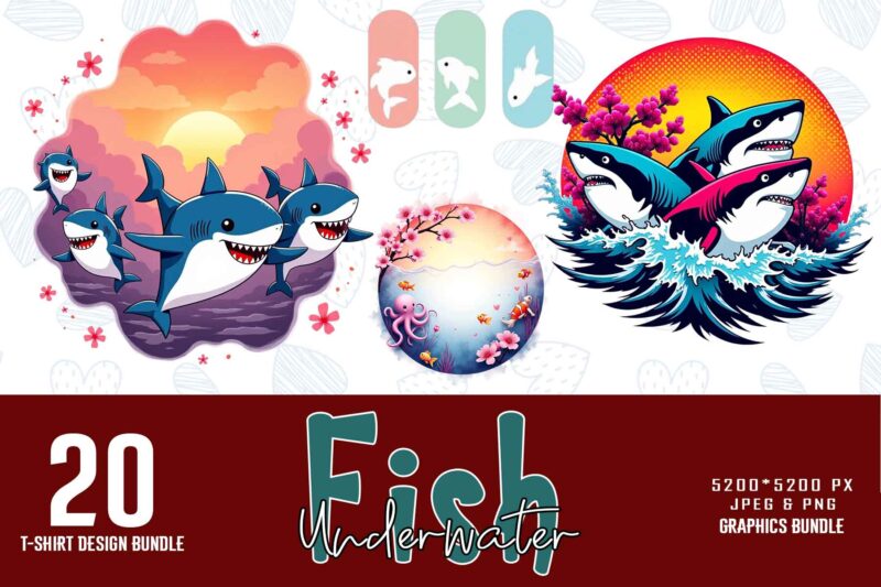 Trendy Underwater Sea Life and Cute Fish t-shirt design bundle of 20 png & jpeg designs – download instantly Retro Vintage T-shirt Design