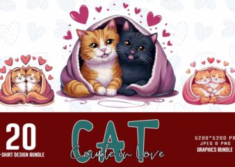 Colourful Valentines Day Cat in Love t-shirt design bundle of 20 designs – download instantly Retro Vintage T-shirt