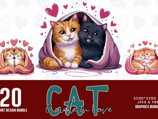 Colourful valentines day cat in love t-shirt design bundle of 20 designs – download instantly retro vintage t-shirt