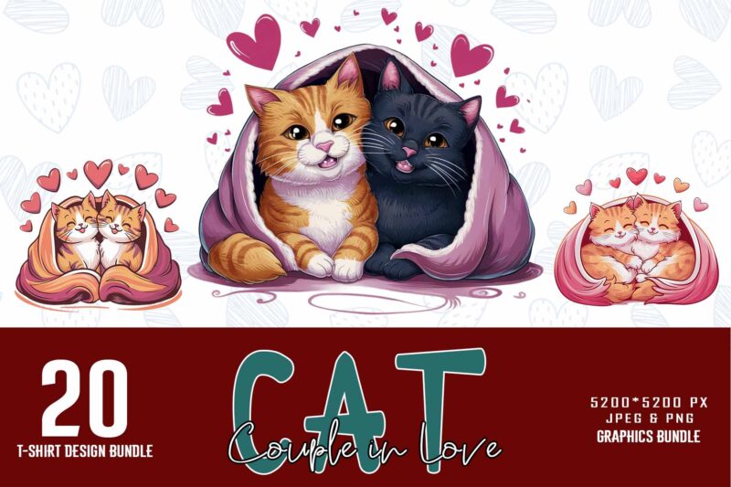 Colourful Valentines Day Cat in Love t-shirt design bundle of 20 designs – download instantly Retro Vintage T-shirt