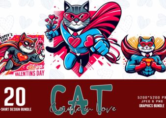 Trendy Valentines Day Cat in Love t-shirt design bundle of 20 png & jpeg designs – download instantly