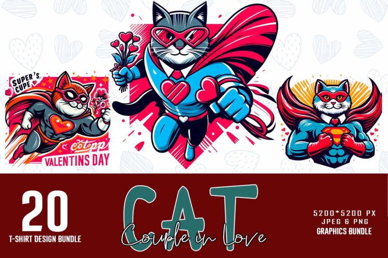 Trendy Valentines Day Cat in Love t-shirt design bundle of 20 png & jpeg designs – download instantly