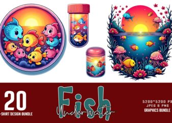 Trendy Underwater Sea Life and Cute Fish t-shirt design bundle of 20 png & jpeg designs – download instantly Retro Vintage T-shirt Design