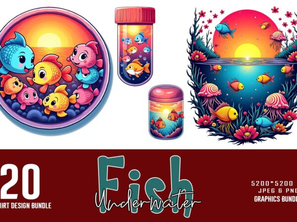 Trendy underwater sea life and cute fish t-shirt design bundle of 20 png & jpeg designs – download instantly retro vintage t-shirt design