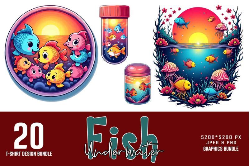 Trendy Underwater Sea Life and Cute Fish t-shirt design bundle of 20 png & jpeg designs – download instantly Retro Vintage T-shirt Design