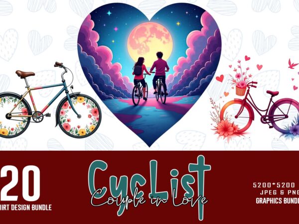 Colourful valentines day cyclist couple in love t-shirt design bundle of 20 designs – download instantly retro vintage