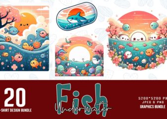 Trendy Underwater Sea Life and Cute Fish t-shirt design bundle of 20 png & jpeg designs – download instantly