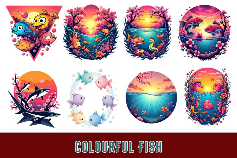 20 Trendy Colourful Fish t-shirt design bundle for POD