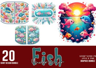 Trendy Colourful Fish t-shirt design bundle of 20 png & jpeg designs – download instantly Retro Vintage T-shirt Design