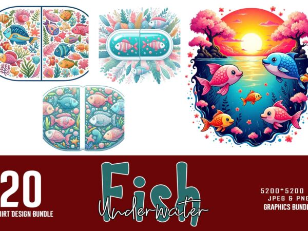 Trendy colourful fish t-shirt design bundle of 20 png & jpeg designs – download instantly retro vintage t-shirt design