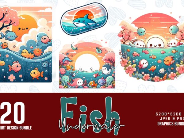 Trendy underwater sea life and cute fish t-shirt design bundle of 20 png & jpeg designs – download instantly