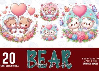 Colourful Valentines Day Bear in Love 20 t-shirt design bundle