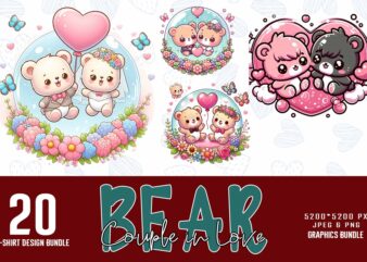 Retro Valentines Day Lovely Bear in Love t-shirt design bundle of 20 designs – download instantly