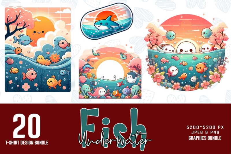 Trendy Underwater Sea Life and Cute Fish t-shirt design bundle of 20 png & jpeg designs – download instantly