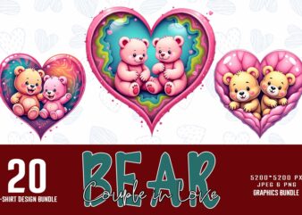 Funny Valentines Day Cute Bear in Love t-shirt design bundle of 20 designs – download instantly Retro Vintage Illustration