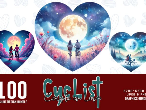 Trendy valentines day cycling couple in love t-shirt design bundle of 100 png & jpeg designs – download instantly retro vintage illustration