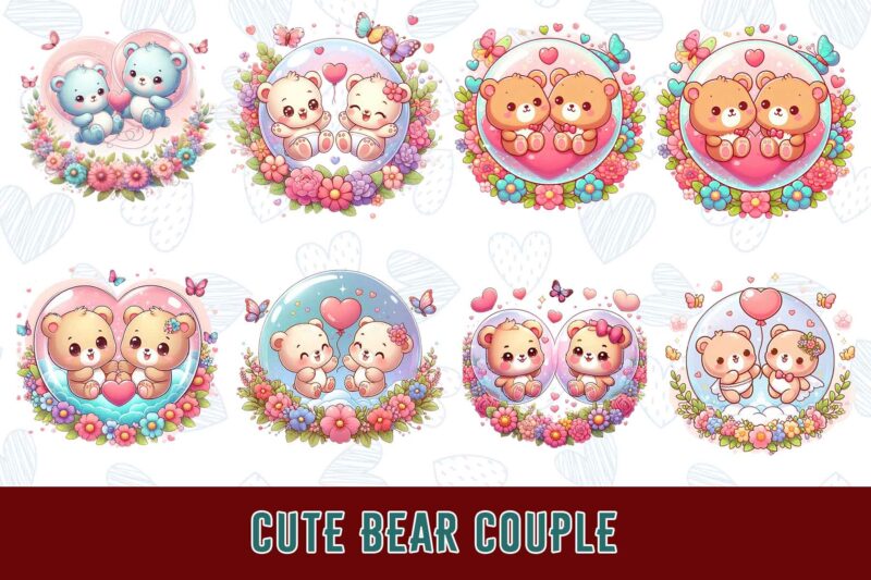 Funny Valentines Day Cute Bear in Love t-shirt design bundle of 20 designs – download instantly Retro Vintage Illustration T-shirt Bundle