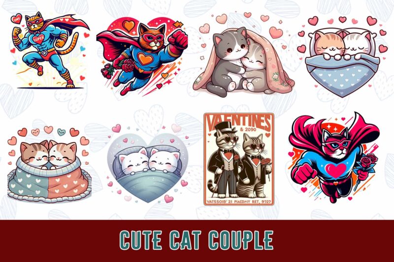 Popular Valentines Day Baby Cat in Love t-shirt design bundle of 20 designs – download instantly