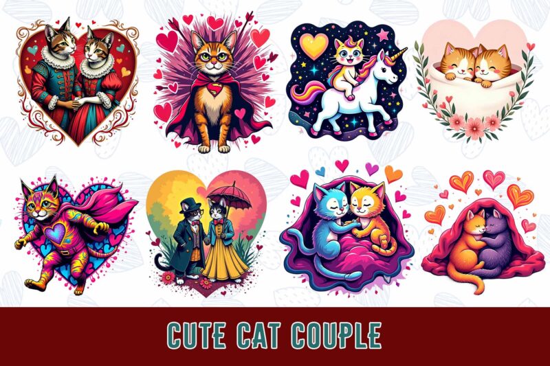 Funny Valentines Day Cute Cat in Love t-shirt design bundle of 20 designs