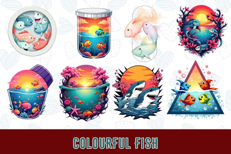 Trendy Underwater Sea Life and Cute Fish t-shirt design bundle of 20 png & jpeg designs – download instantly Retro Vintage T-shirt Design