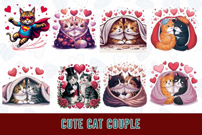 Colourful Valentines Day Cat in Love t-shirt design bundle of 20 designs – download instantly Retro Vintage T-shirt