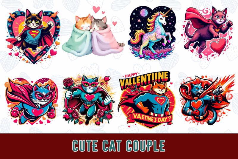 Trendy Valentines Day Cat in Love t-shirt design bundle of 20 png & jpeg designs – download instantly