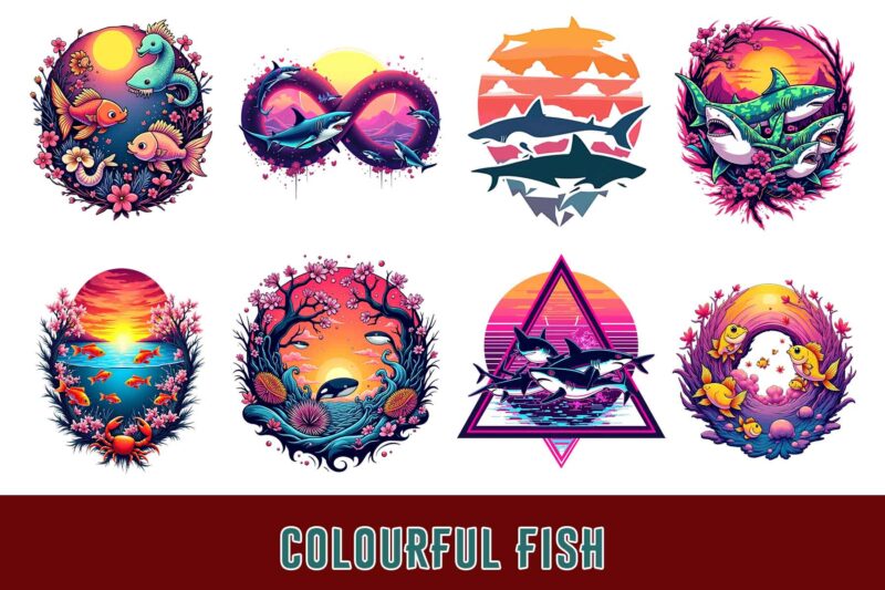 Trendy Underwater Sea Life and Cute Fish t-shirt design bundle of 20 png & jpeg designs – download instantly Retro Vintage T-shirt Design