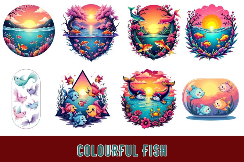 20 Trendy Colourful Fish t-shirt design bundle for POD