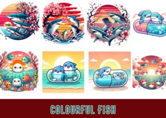 Trendy Colourful Fish t-shirt design bundle of 20 png & jpeg designs – download instantly