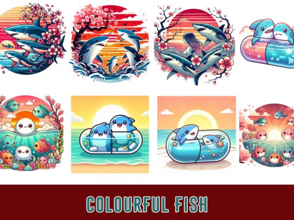 Trendy colourful fish t-shirt design bundle of 20 png & jpeg designs – download instantly