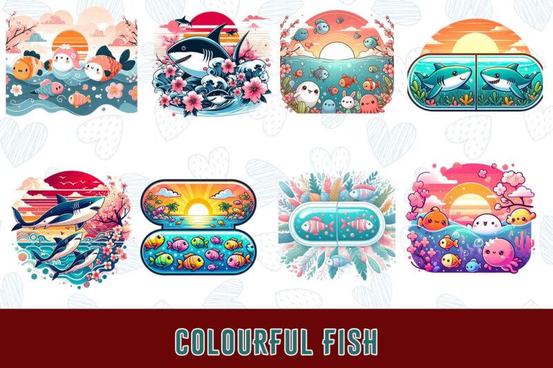 Trendy Underwater Sea Life and Cute Fish t-shirt design bundle of 20 png & jpeg designs – download instantly