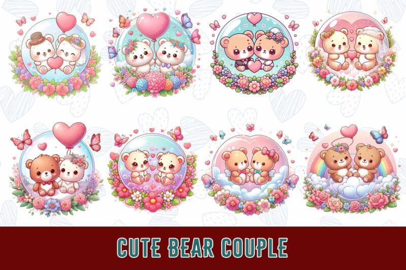 Trendy Valentines Day Bear in Love t-shirt design bundle of 20 png & jpeg designs – download instantly Retro Vintage T-shirt Design Bundle