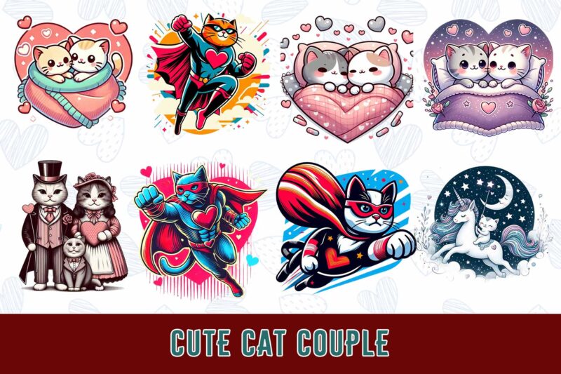 Popular Valentines Day Baby Cat in Love t-shirt design bundle of 20 designs – download instantly