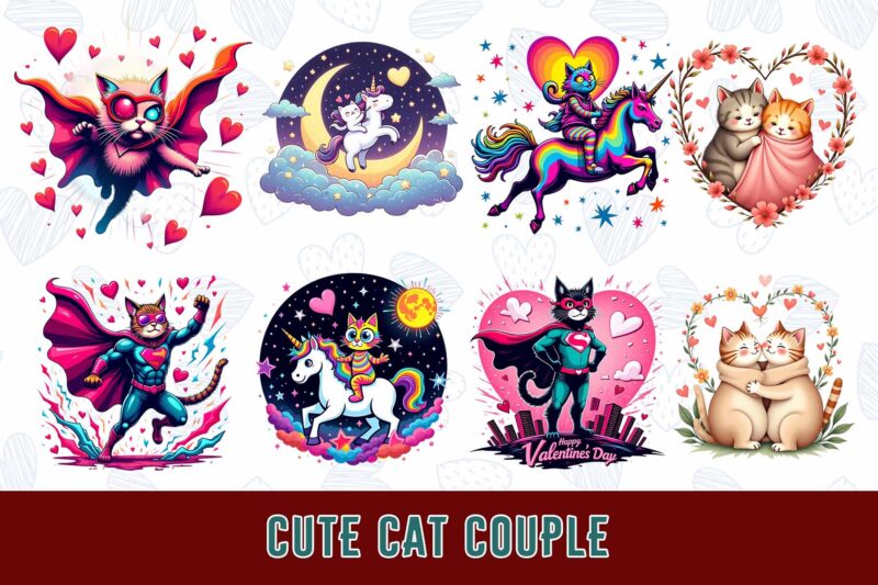 Funny Valentines Day Cute Cat in Love t-shirt design bundle of 20 designs