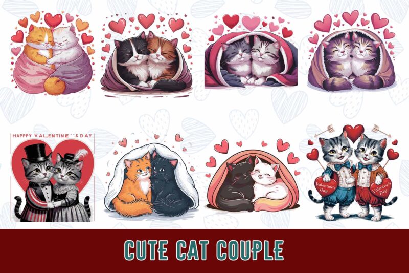 Colourful Valentines Day Cat in Love t-shirt design bundle of 20 designs – download instantly Retro Vintage T-shirt