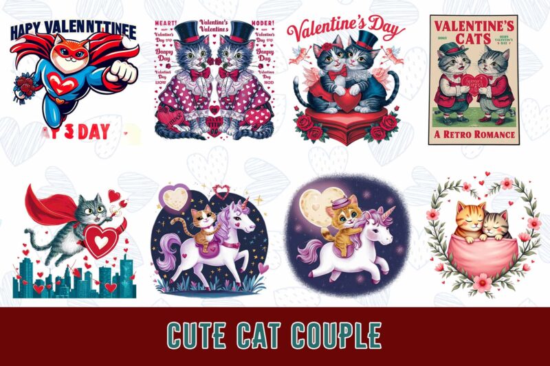 Trendy Valentines Day Cat in Love t-shirt design bundle of 20 png & jpeg designs – download instantly